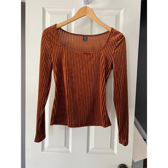 Shein Velvet Ribbed Long Sleeve Top Rust Brown Square Neck Size Small S 4 Fall R - Picture 1 of 4